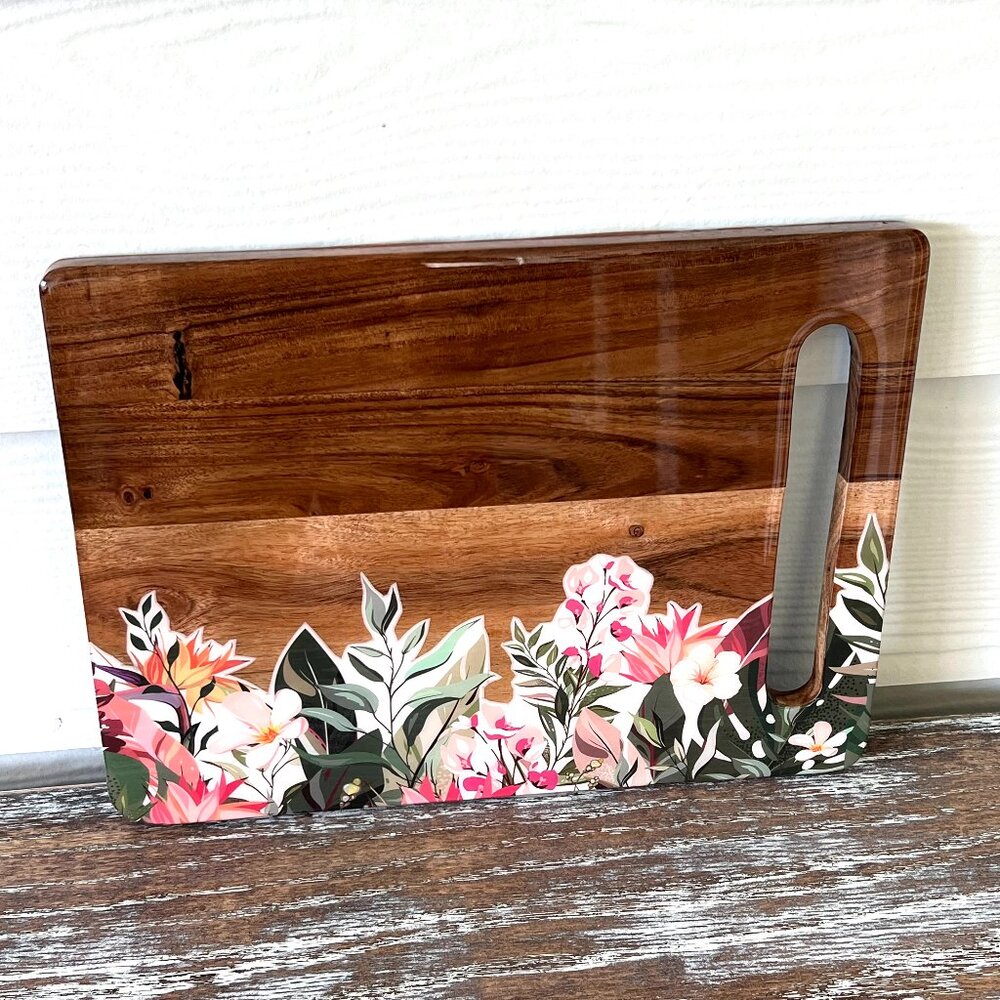 Farmhouse Chic Flowers Resin Wooden Cutting Board Charcuterie Board Handle Gift
